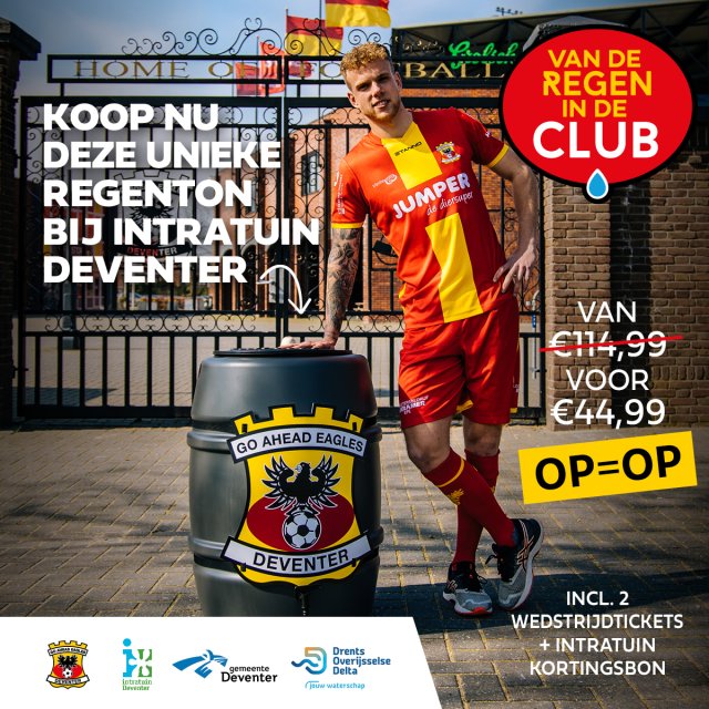 Foto van de Go Ahead Eagles regenton met de tekst: 'Koop nu deze unieke regenton bij Intratuin Deventer. Van €114,99 voor €44,99. Op = op'.